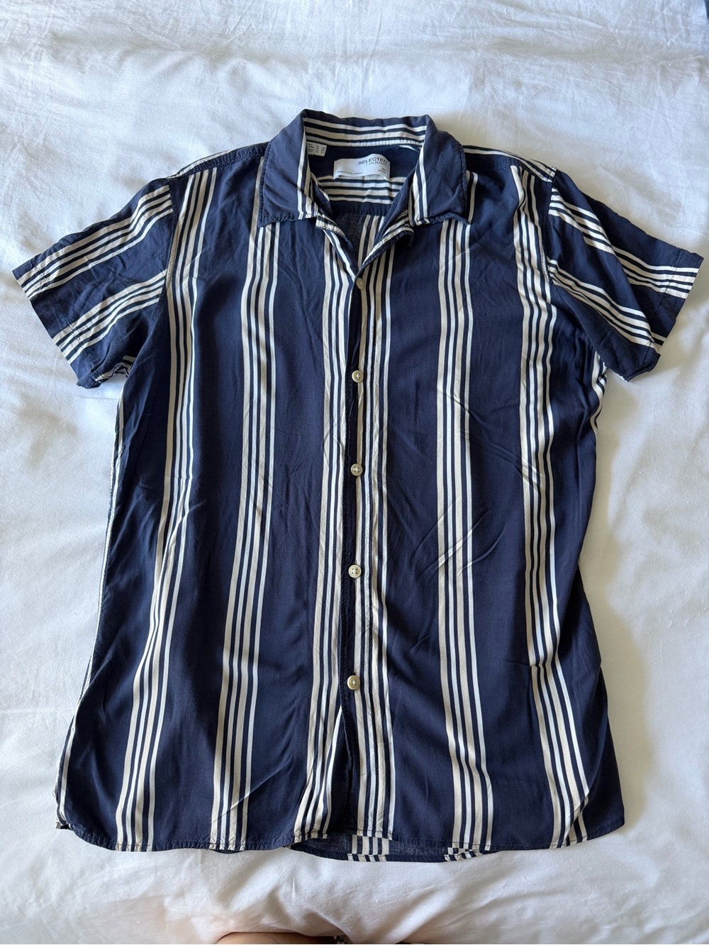 H&M Navy and White Vertical Stripe Short-Sleeve Button-Down Shirt